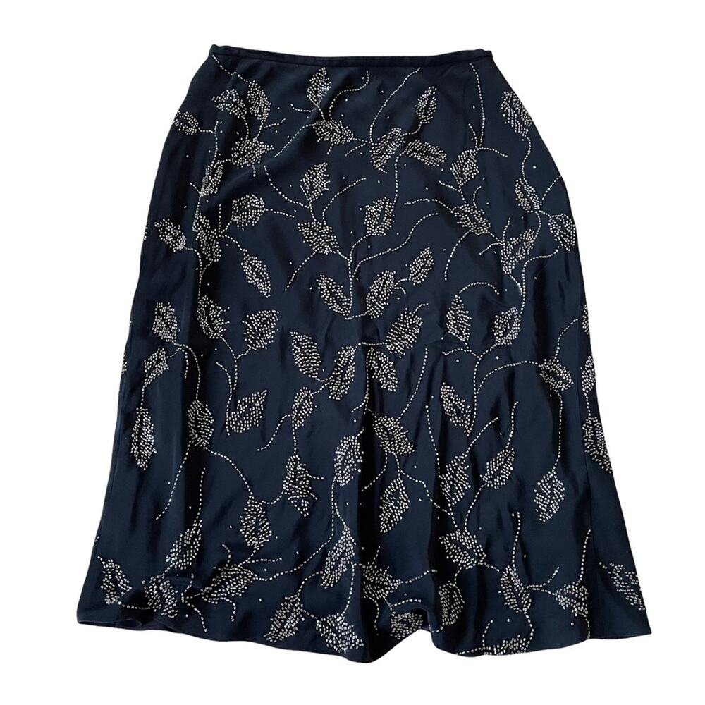 Dana Buchman Skirt Silk Beaded Floral Vines Lined Vintage 1980s Black 8 EUC